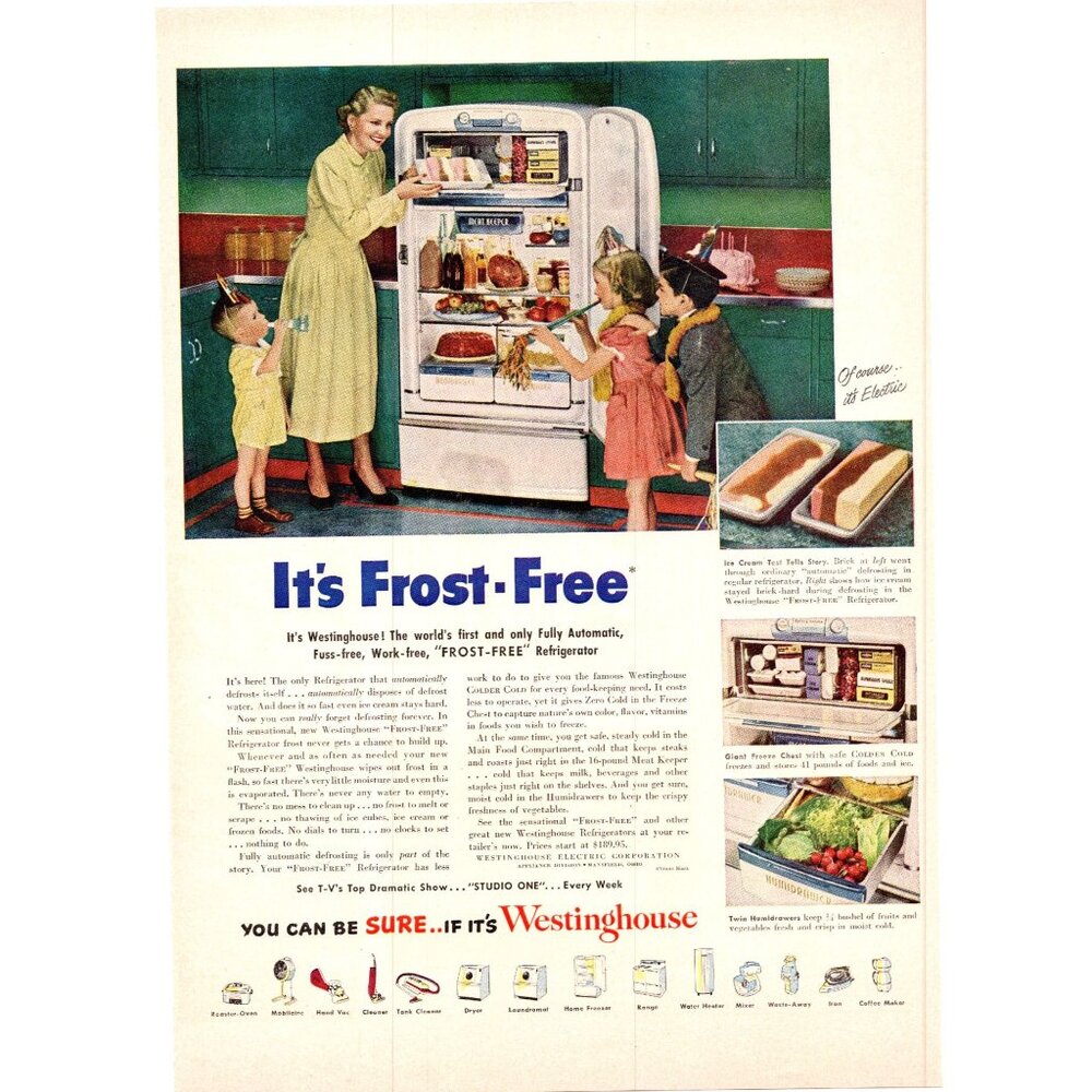 1950 Westinghouse Refrigerator Fridge Vintage Print Ad Mom and Kids Wall Art